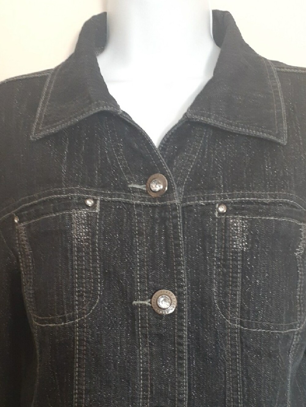 Simon Chang Black Jean Jacket with Subtle Metallic Thread - Sz 10 - Picture 3 of 13